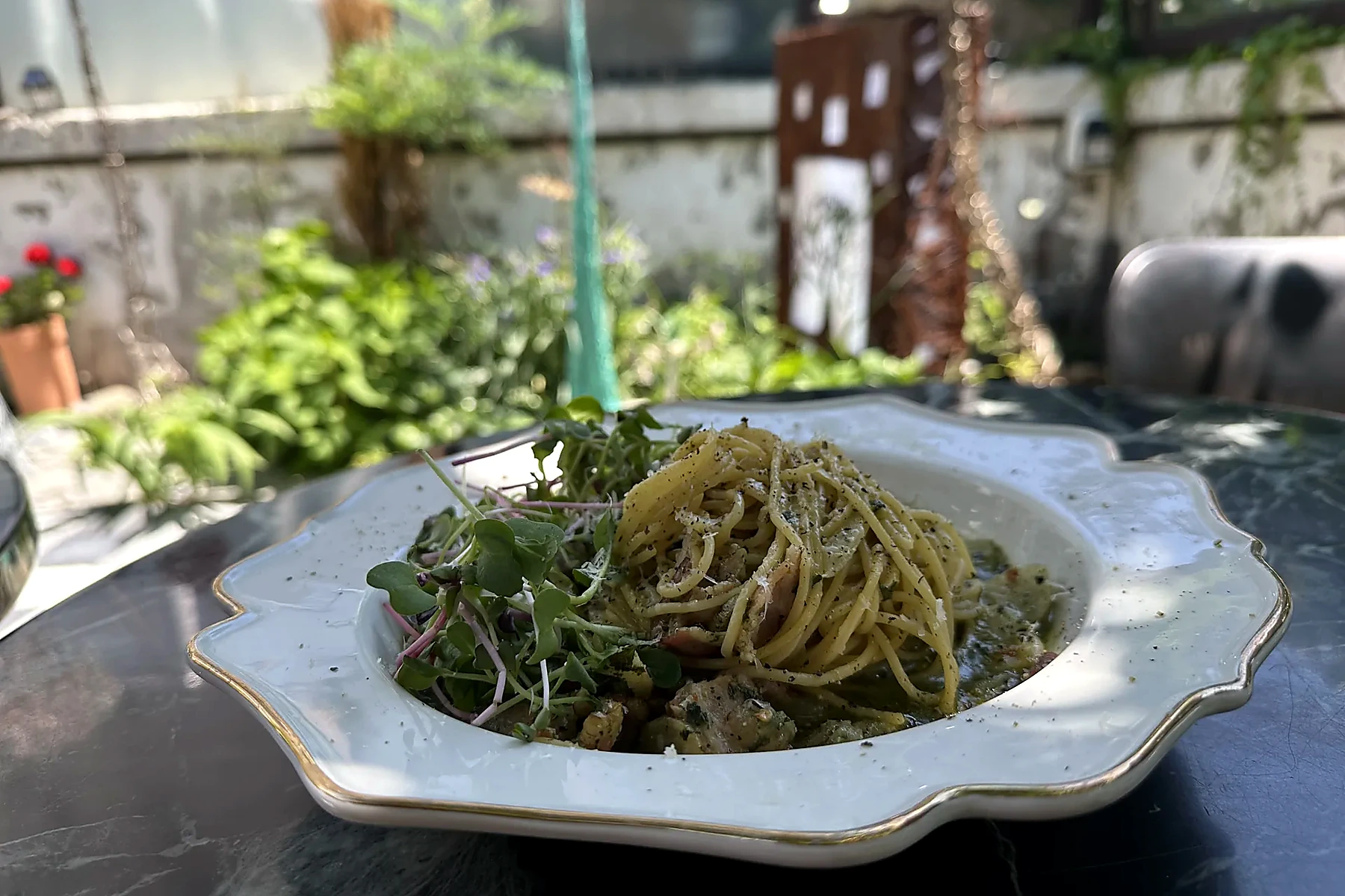 Shrimp basil pasta served at Bukchon Tteul
